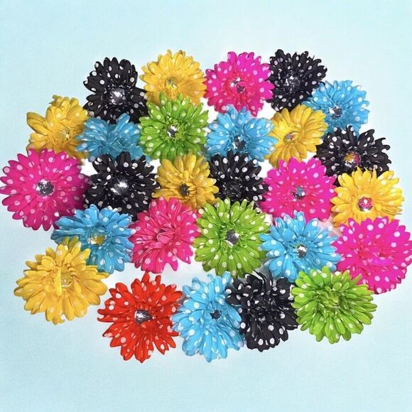 27 Polka Dot Daisy W/Large Rhinestone Multicolor 4” Floral Tops Only Artificial - Picture 1 of 10